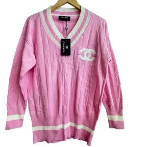 Chanel Rugby Sweater Pink White CC Logo Cableknit V Neck M